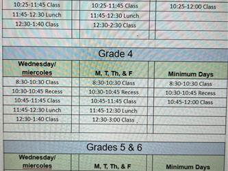 Monday, Tuesday, Wednesday, Thursday and Friday Lower grade schedule